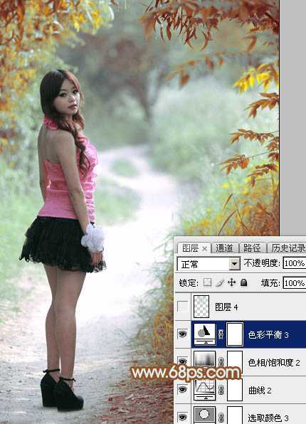 ‘Photoshop给绿树中的人物加上唯美的秋季橙绿色‘