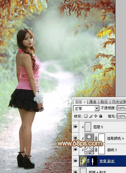 ‘Photoshop给绿树中的人物加上唯美的秋季橙绿色‘