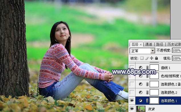‘Photoshop打造甜美的青红色秋季外景美女图片‘
