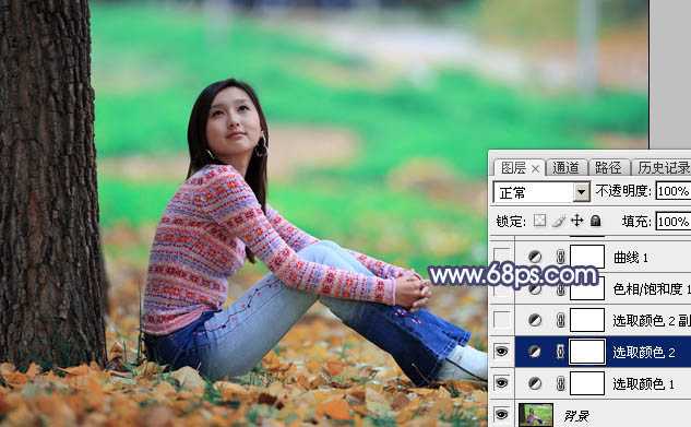 ‘Photoshop打造甜美的青红色秋季外景美女图片‘