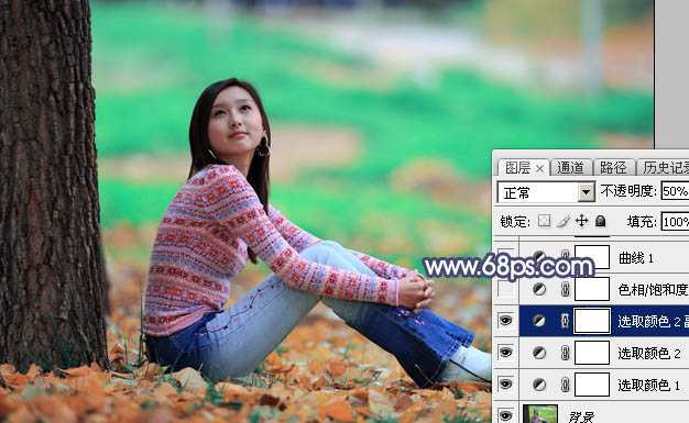 ‘Photoshop打造甜美的青红色秋季外景美女图片‘