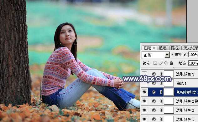 ‘Photoshop打造甜美的青红色秋季外景美女图片‘
