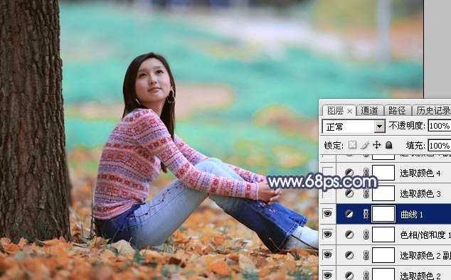 ‘Photoshop打造甜美的青红色秋季外景美女图片‘