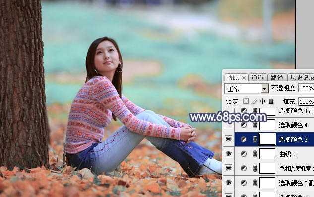 ‘Photoshop打造甜美的青红色秋季外景美女图片‘