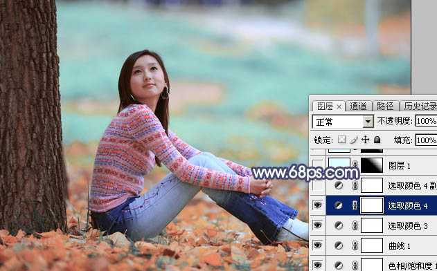 ‘Photoshop打造甜美的青红色秋季外景美女图片‘