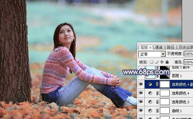 ‘Photoshop打造甜美的青红色秋季外景美女图片‘