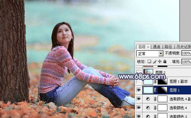 ‘Photoshop打造甜美的青红色秋季外景美女图片‘