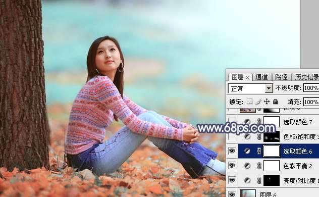 ‘Photoshop打造甜美的青红色秋季外景美女图片‘