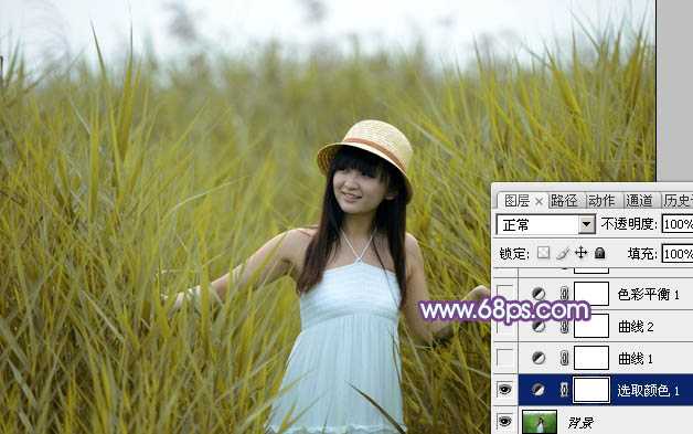 ‘Photoshop将绿色芦苇中的美女照片转为秋季效果‘