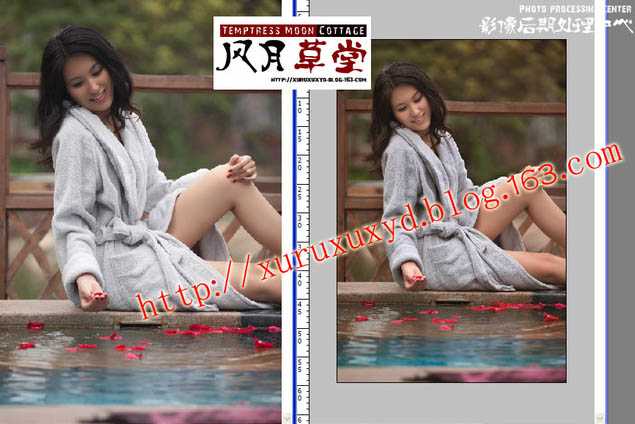 ‘Photoshop为池边美女图片增加暗调橙黄色效果‘