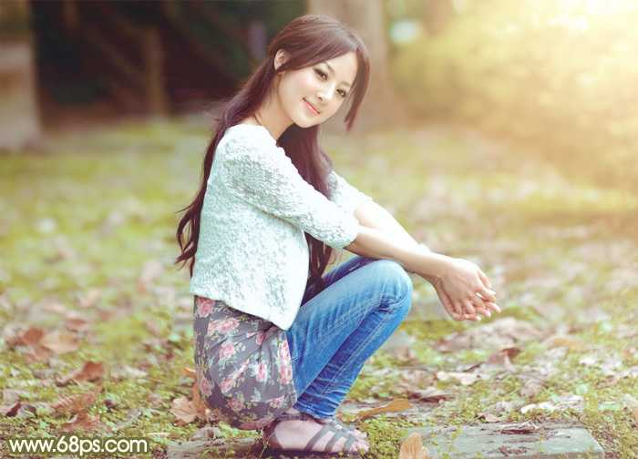 ‘Photoshop调制出柔美的中性黄绿色的草地美女图片‘