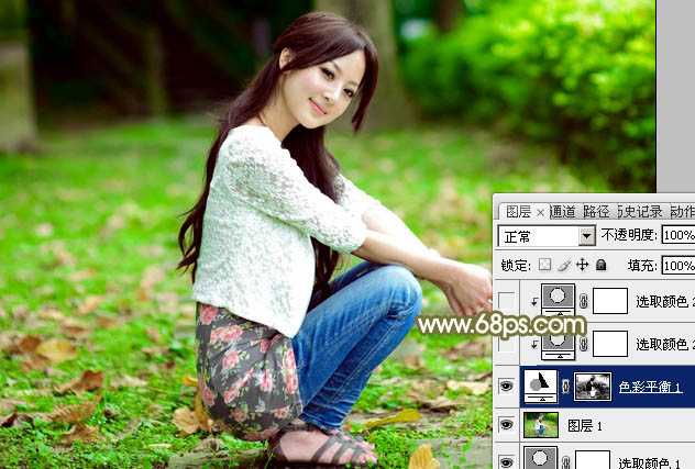 ‘Photoshop调制出柔美的中性黄绿色的草地美女图片‘