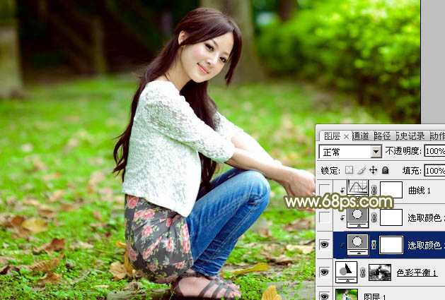 ‘Photoshop调制出柔美的中性黄绿色的草地美女图片‘