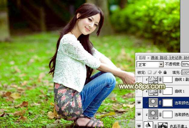 ‘Photoshop调制出柔美的中性黄绿色的草地美女图片‘