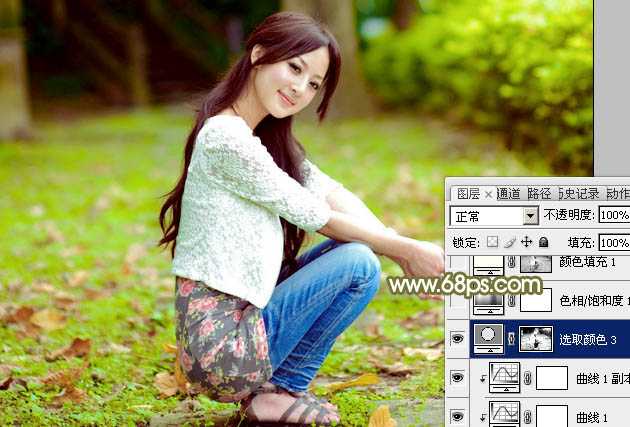 ‘Photoshop调制出柔美的中性黄绿色的草地美女图片‘