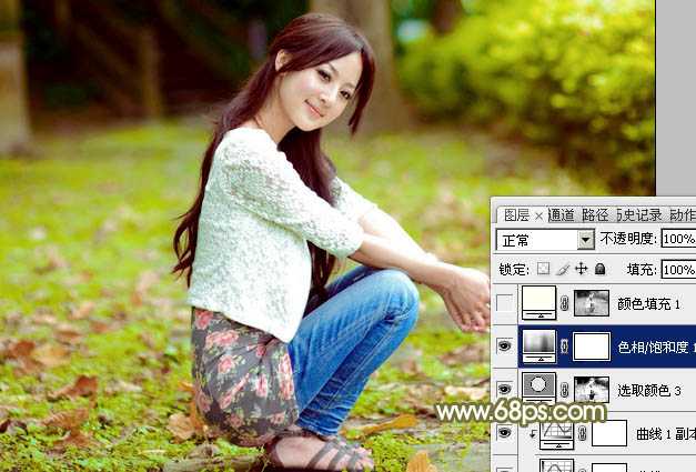 ‘Photoshop调制出柔美的中性黄绿色的草地美女图片‘
