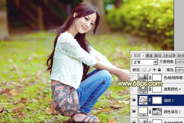 ‘Photoshop调制出柔美的中性黄绿色的草地美女图片‘