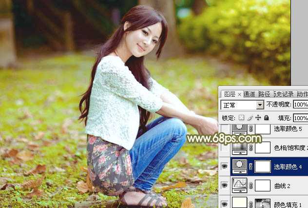 ‘Photoshop调制出柔美的中性黄绿色的草地美女图片‘