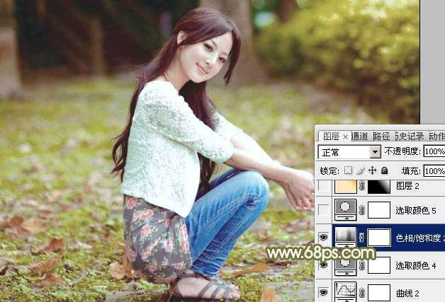 ‘Photoshop调制出柔美的中性黄绿色的草地美女图片‘