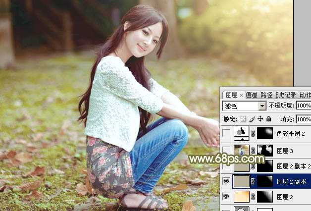‘Photoshop调制出柔美的中性黄绿色的草地美女图片‘