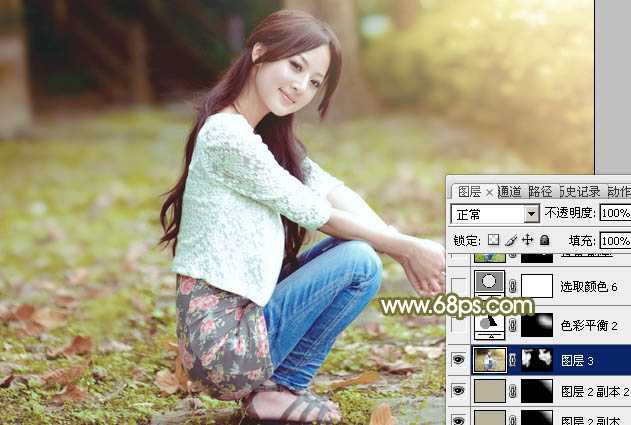 ‘Photoshop调制出柔美的中性黄绿色的草地美女图片‘
