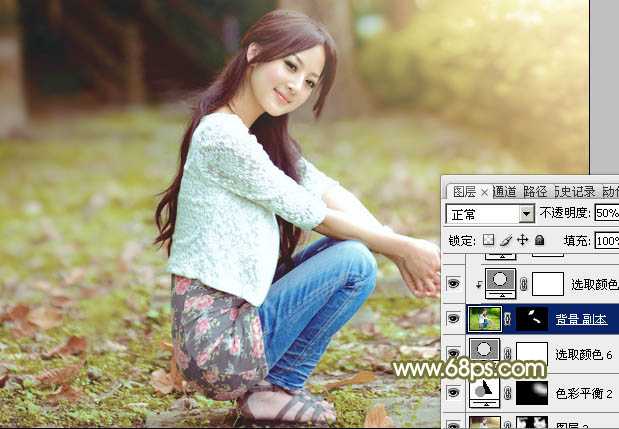 ‘Photoshop调制出柔美的中性黄绿色的草地美女图片‘