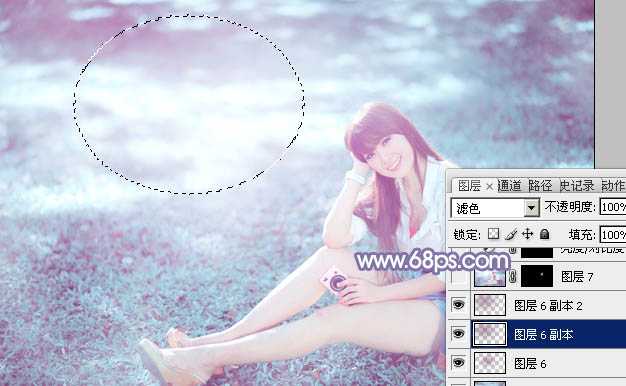‘Photoshop为绿草中的美女加上梦幻的青蓝色‘