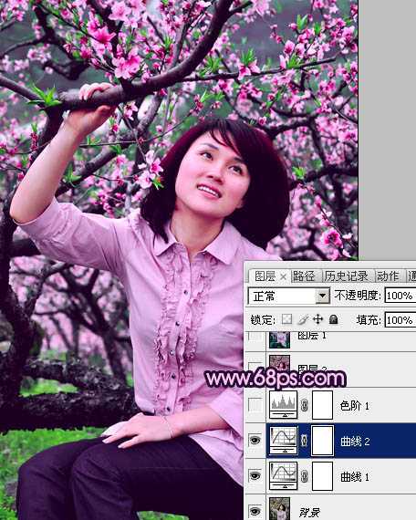 ‘Photoshop将春季外景人物图片调成甜美的桃花色‘