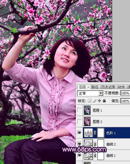 ‘Photoshop将春季外景人物图片调成甜美的桃花色‘