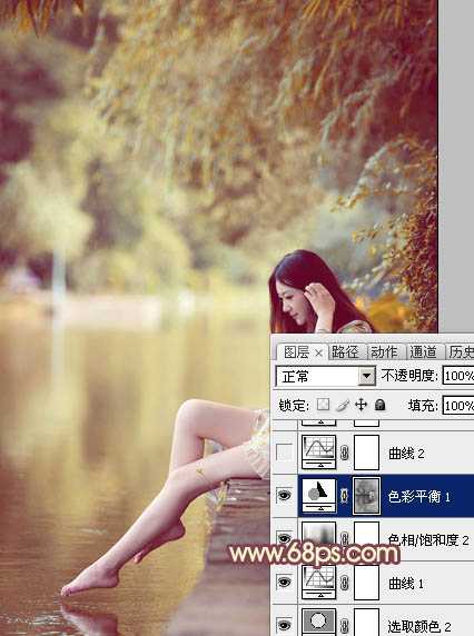 ‘Photoshop为河边的美女调制出漂亮的暖色调‘