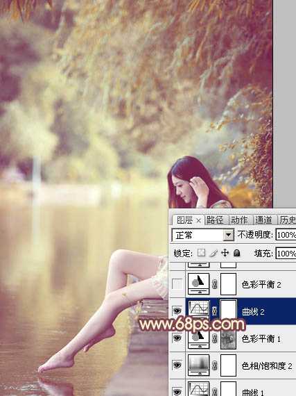 ‘Photoshop为河边的美女调制出漂亮的暖色调‘