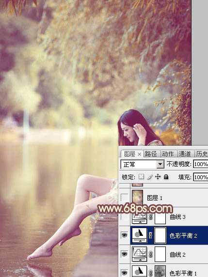 ‘Photoshop为河边的美女调制出漂亮的暖色调‘