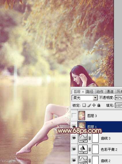 ‘Photoshop为河边的美女调制出漂亮的暖色调‘