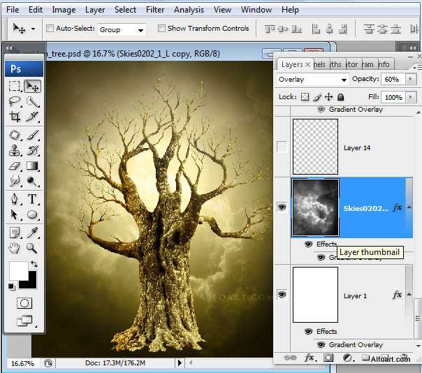 ‘photoshop合成制作出结满金苹果的梦幻古树‘