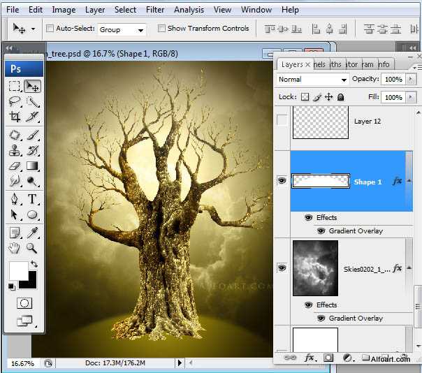 ‘photoshop合成制作出结满金苹果的梦幻古树‘