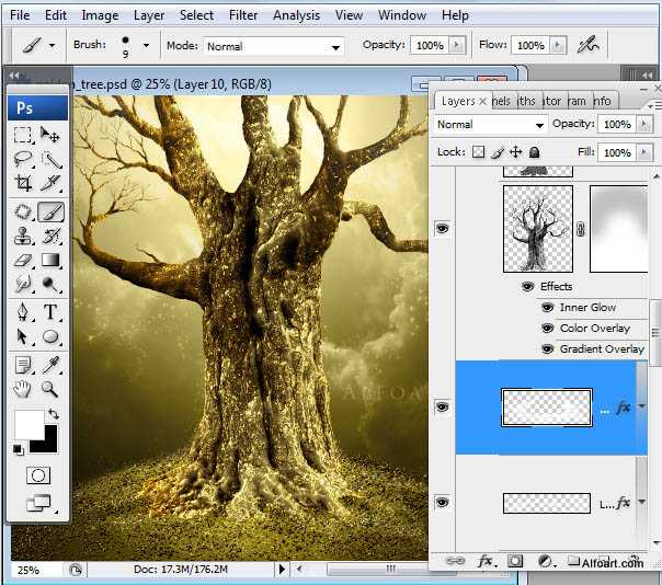 ‘photoshop合成制作出结满金苹果的梦幻古树‘