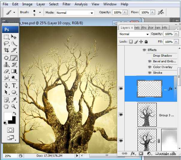 ‘photoshop合成制作出结满金苹果的梦幻古树‘