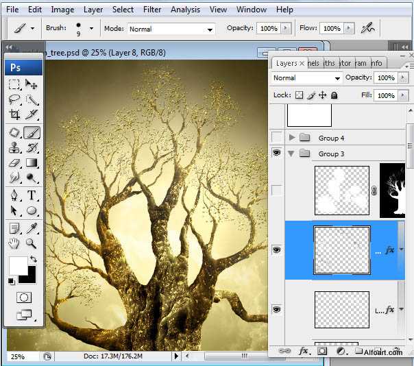 ‘photoshop合成制作出结满金苹果的梦幻古树‘