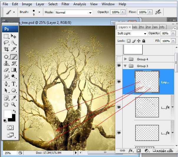 ‘photoshop合成制作出结满金苹果的梦幻古树‘