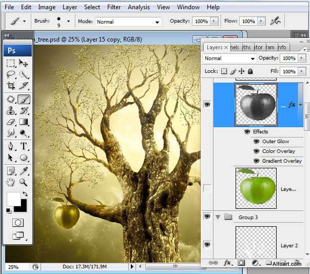 ‘photoshop合成制作出结满金苹果的梦幻古树‘