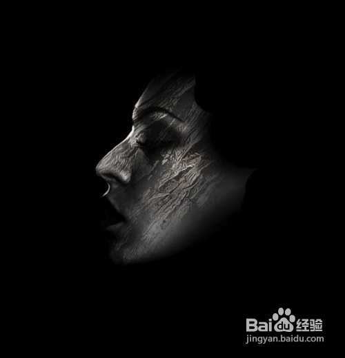 ‘Photoshop合成流着火泪的木纹艺术脸‘