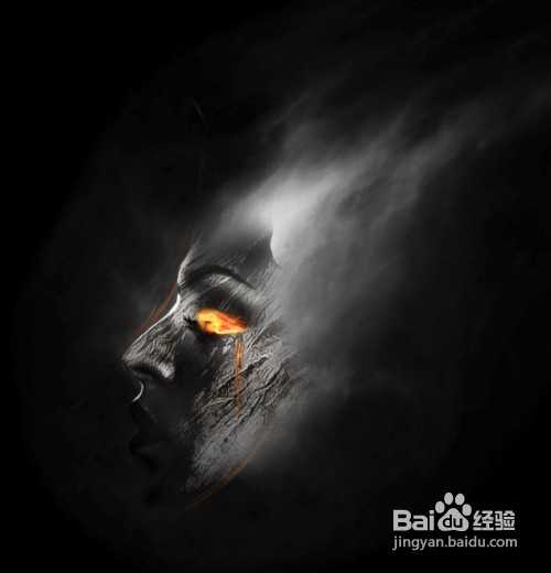 ‘Photoshop合成流着火泪的木纹艺术脸‘