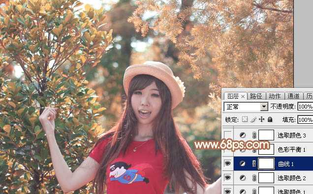 ‘Photoshop为树林中的女孩调出小清新的绿橙色‘