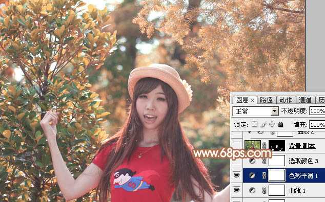 ‘Photoshop为树林中的女孩调出小清新的绿橙色‘