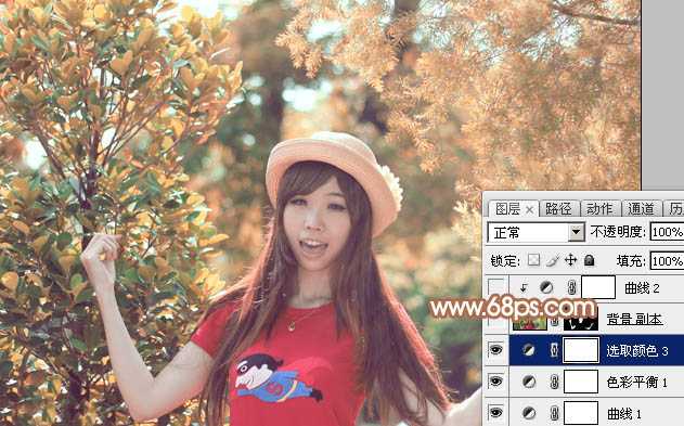 ‘Photoshop为树林中的女孩调出小清新的绿橙色‘