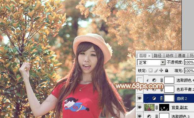 ‘Photoshop为树林中的女孩调出小清新的绿橙色‘