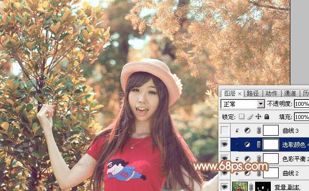 ‘Photoshop为树林中的女孩调出小清新的绿橙色‘