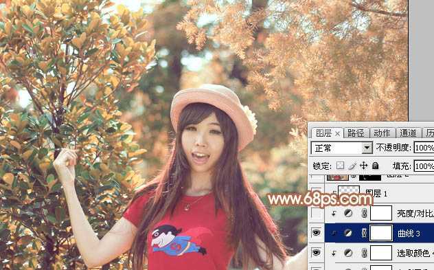 ‘Photoshop为树林中的女孩调出小清新的绿橙色‘