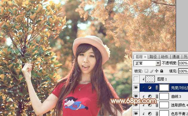 ‘Photoshop为树林中的女孩调出小清新的绿橙色‘