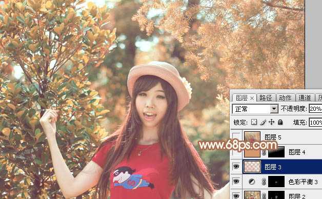 ‘Photoshop为树林中的女孩调出小清新的绿橙色‘